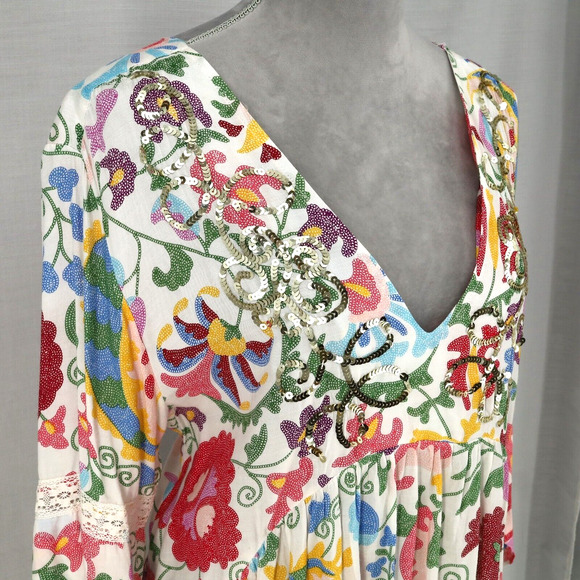 Miss June Dress Womens Medium Ivory Floral Sequins Short Babydoll Swim Cover Up - Picture 6 of 15